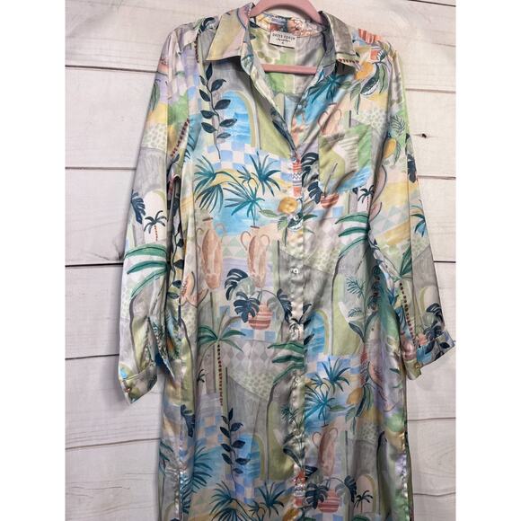 Dress Forum Los Angeles Size MED Maxi Silky Collar Button Down Tropical - Picture 6 of 6